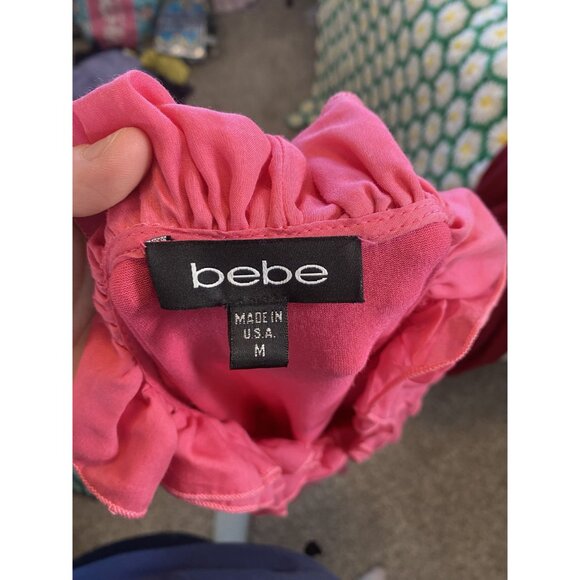 Bebe Y2K Silk Medium Pink Ruffle Sheer Puff Sleeve Midi Belted Dress - Picture 7 of 8